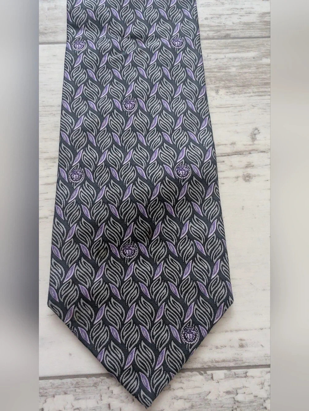 Versace Black & Purple Leaf Motif Silk Tie